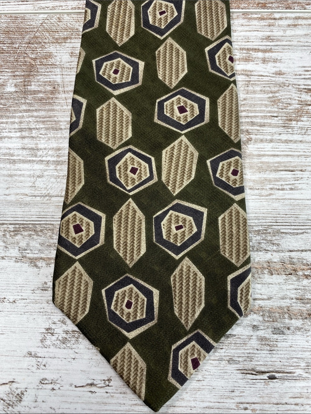 Vintage Zylos George Machado Silk Tie Olive Green Tan Charcoal Geometric 90s Men